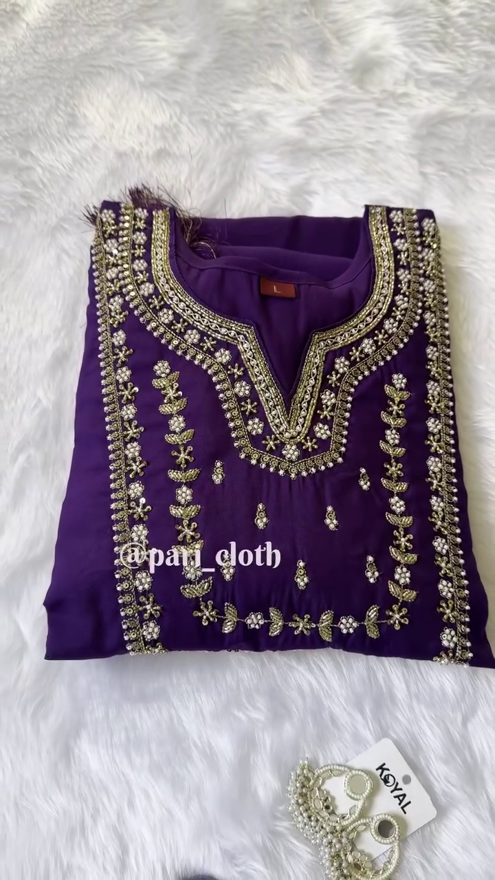 Royal Purple Straight-Cut Kurta Set with Intricate Golden Thread Embroidery on Neckline, Subtle Sequin Detailing, and Rich Banarasi Floral Woven Dupatta – A Graceful Ethnic Ensemble for Festive and Traditional Celebrations