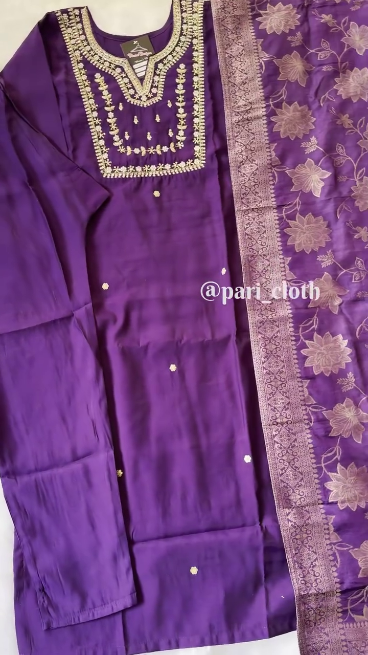 Royal Purple Straight-Cut Kurta Set with Intricate Golden Thread Embroidery on Neckline, Subtle Sequin Detailing, and Rich Banarasi Floral Woven Dupatta – A Graceful Ethnic Ensemble for Festive and Traditional Celebrations