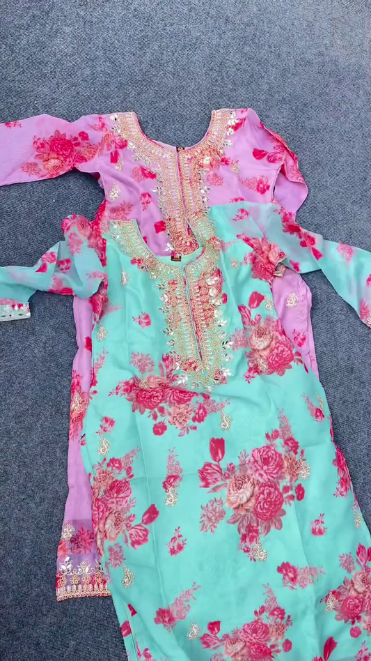 Floral-Printed Unstitched Suit Set in Aqua Blue and Pink Shades Featuring Intricate Zari and Sequin Embroidery on Neckline and Sleeves – Ideal for Festive Wear