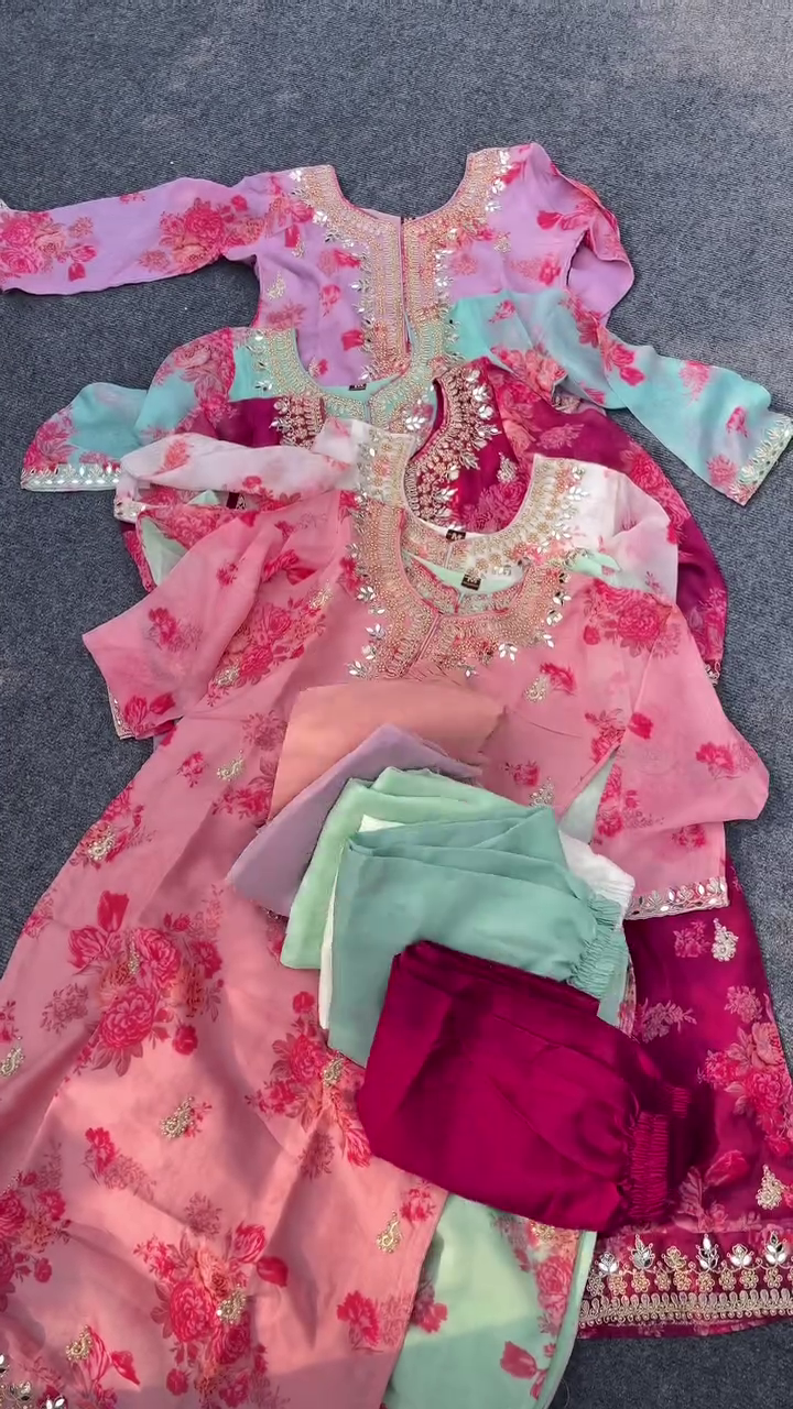 Floral-Printed Unstitched Suit Set in Aqua Blue and Pink Shades Featuring Intricate Zari and Sequin Embroidery on Neckline and Sleeves – Ideal for Festive Wear