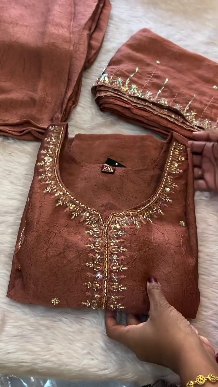Copper Brown Ethnic Co-ord Set with Intricate Golden Thread and Sequin Embroidery on Neckline, Soft Textured Fabric, and Matching Embellished Dupatta