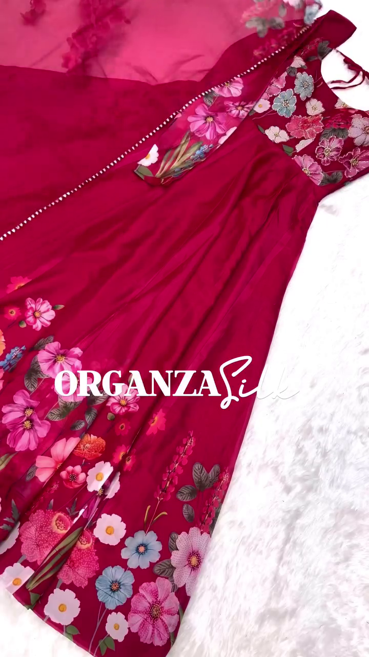 Stunning Multicolor Floral Printed Organza Silk Anarkali Gown with Elegant Embroidered Yoke and Matching Dupatta