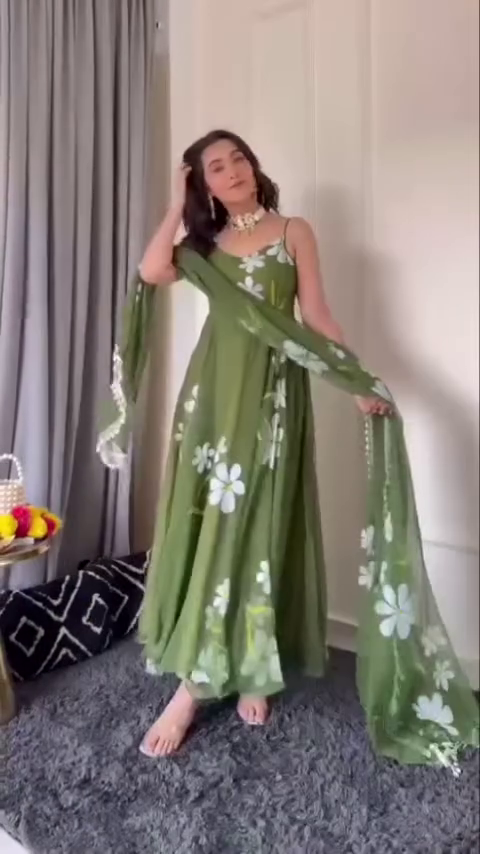 Floral Embroidered Green Anarkali Dress with Sheer Chiffon Dupatta, Available in Yellow Color Option – Perfect for Festive and Special Occasions