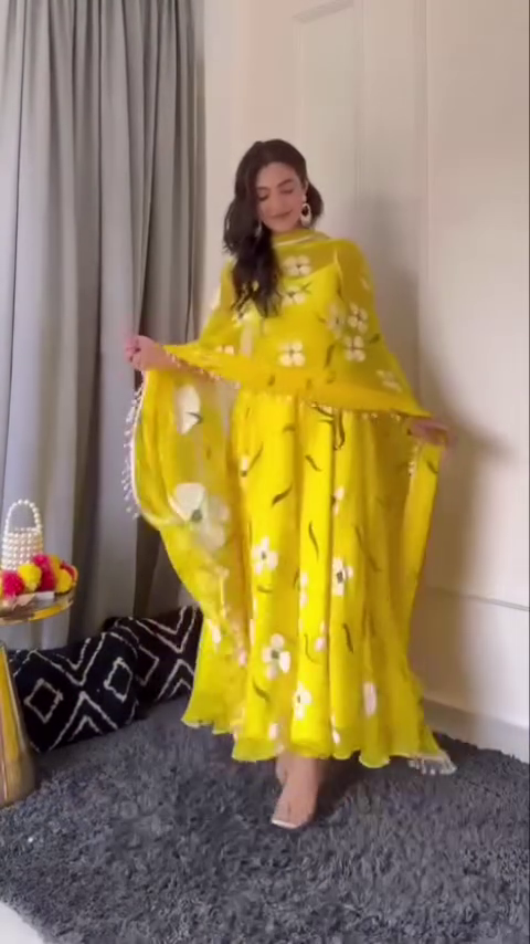 Floral Embroidered Green Anarkali Dress with Sheer Chiffon Dupatta, Available in Yellow Color Option – Perfect for Festive and Special Occasions
