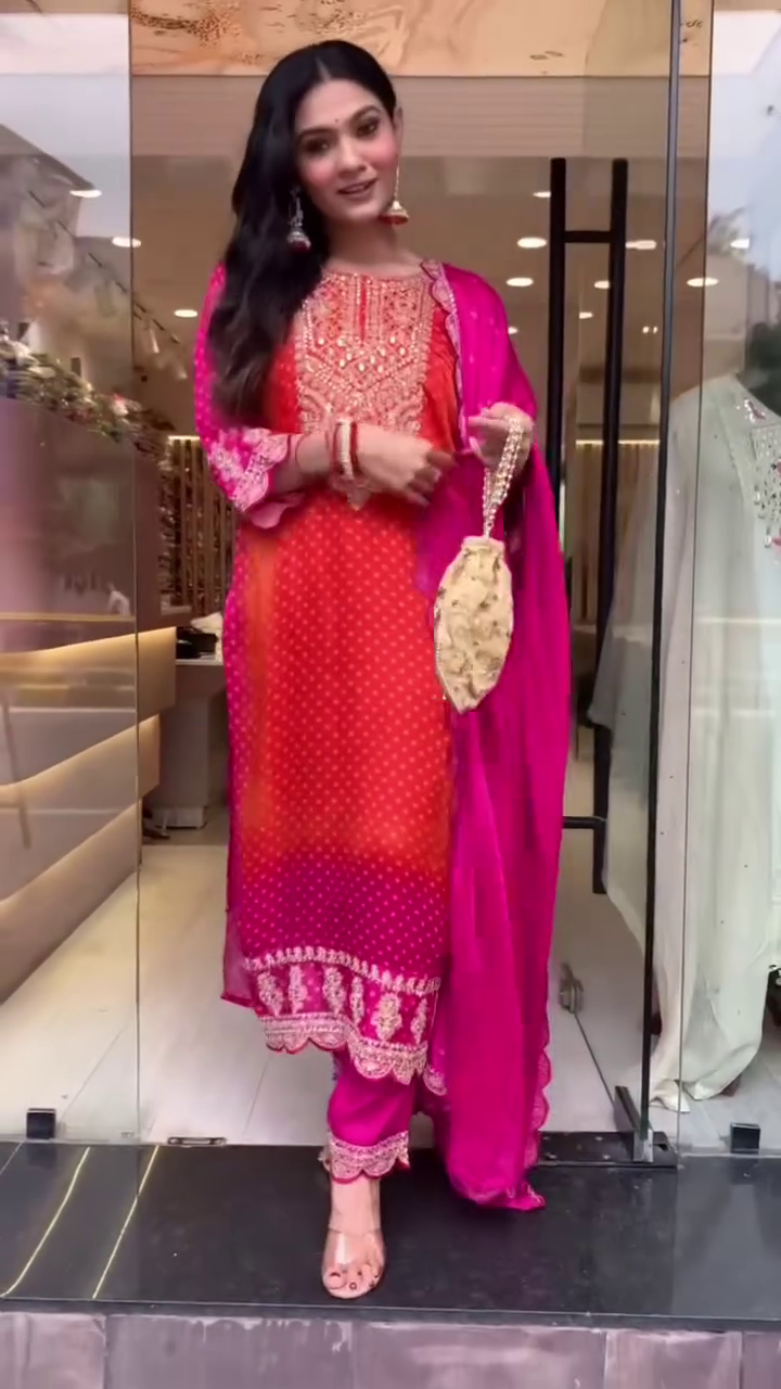 Charming Orange and Pink Polka Dot Anarkali with Intricate Embroidery, Paired with a Vibrant Pink Dupatta and Matching Pants – Perfect for Weddings and Festive Occasions