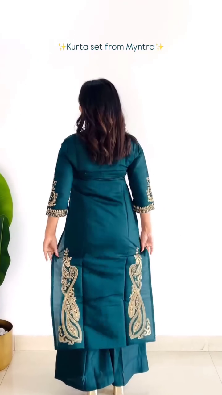 Teal Green Kurta Set with Golden Embroidery on Sleeves and Hem, Paired with Matching Wide-Leg Pants – Elegant Festive and Party Wear
