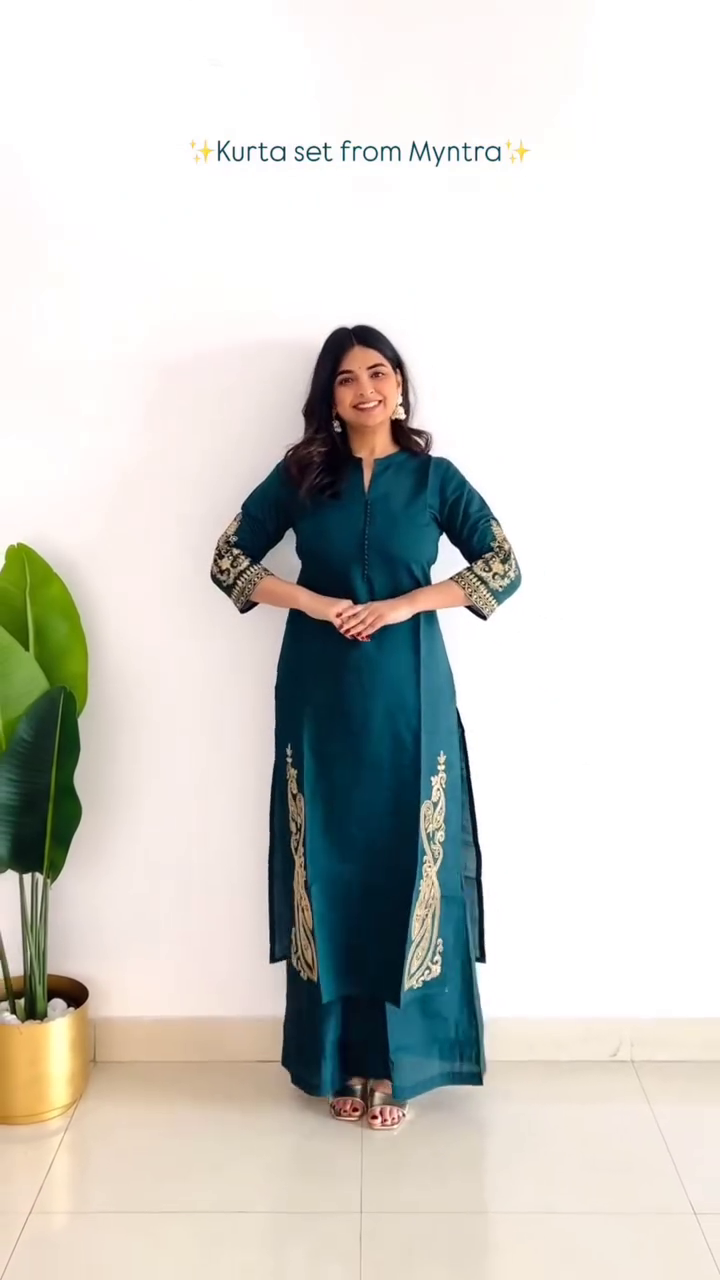 Teal Green Kurta Set with Golden Embroidery on Sleeves and Hem, Paired with Matching Wide-Leg Pants – Elegant Festive and Party Wear